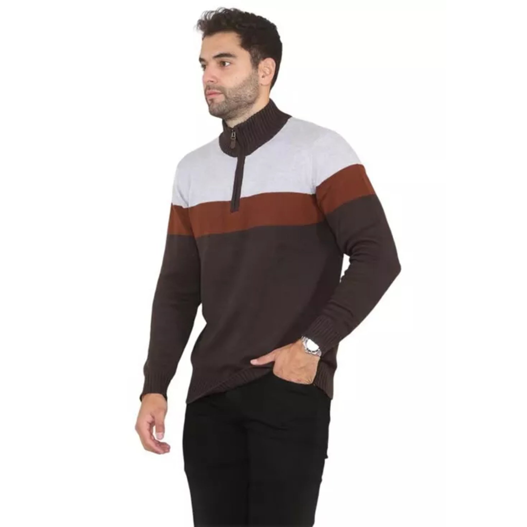 Men's chestnut and grey colour block 1/4 zip cotton jumper with high collar